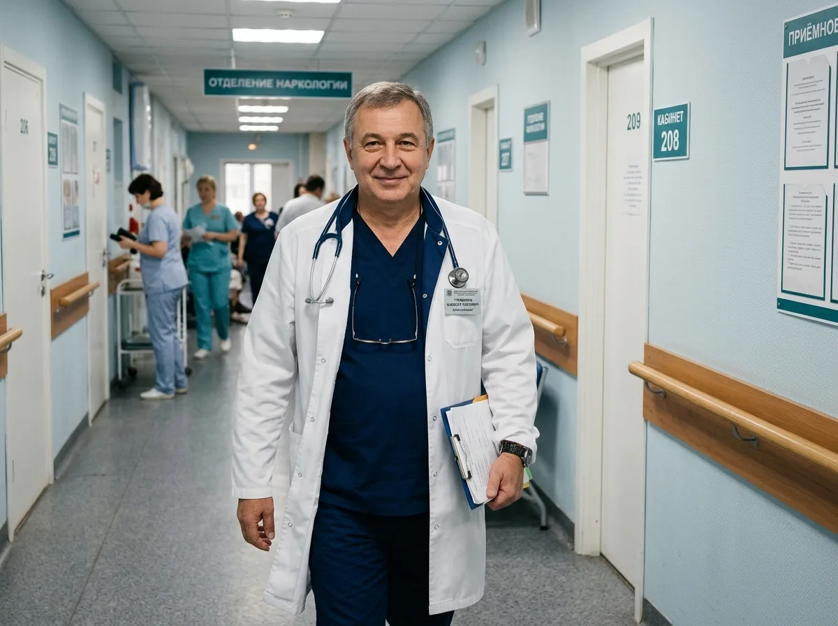 Фото врача-нарколога Трофимова Алексея Павловича, мужчина в медицинской одежде, больничный коридор